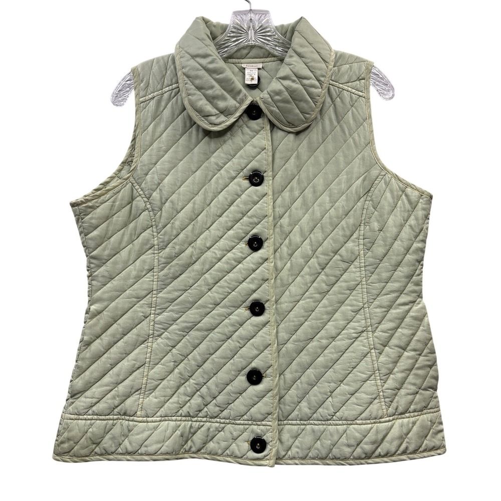 Kiko Silk Sage Green‎ Quilted Button Front Vest Peter Pan Collar Lightweight M